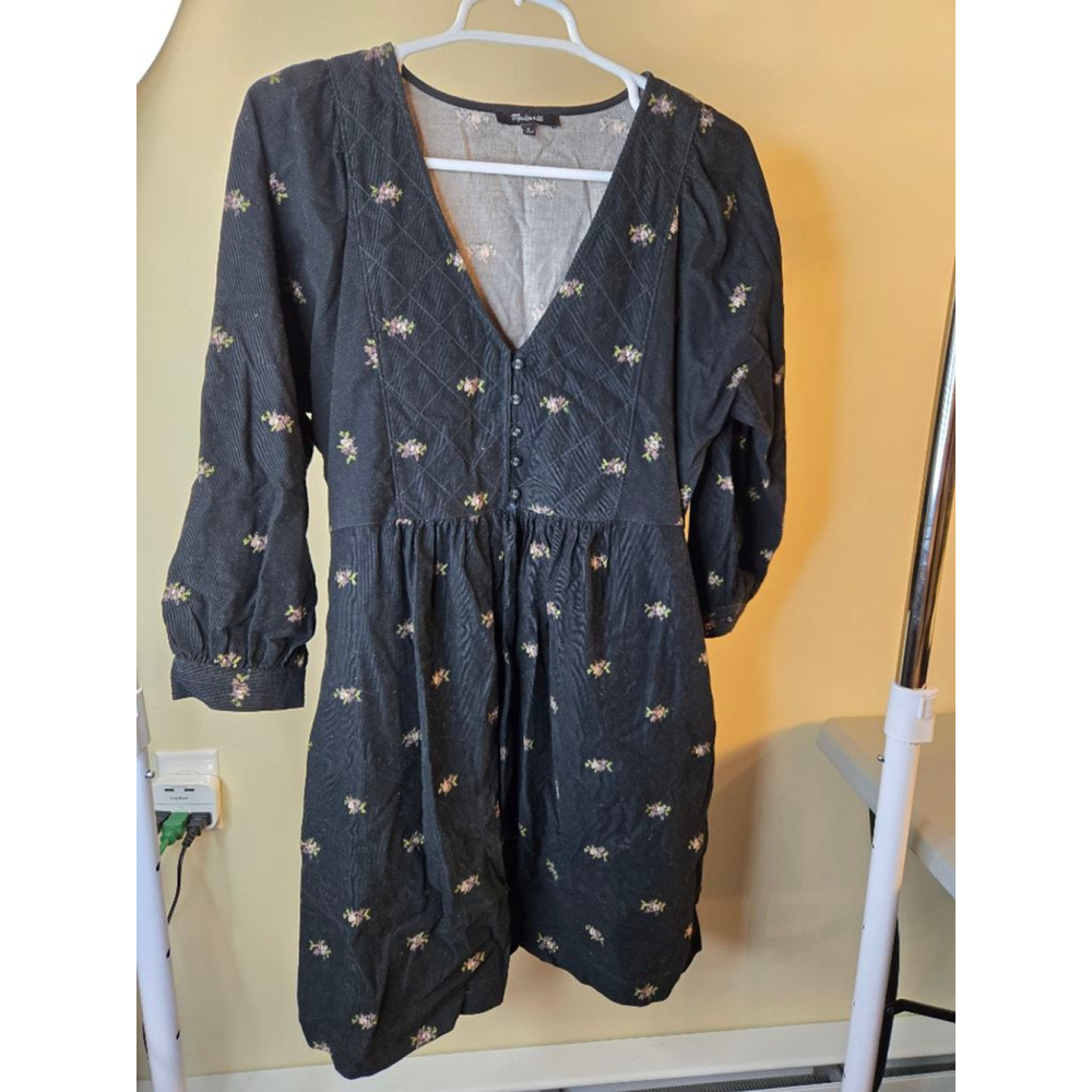 Women's Madewell Black Floral Corduroy Long Sleeve Dress S